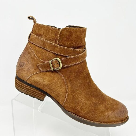 Born Women's Faywood Brown Ankle Bootie Size 9M Distressed Suede Buckle Detail - Picture 1 of 15